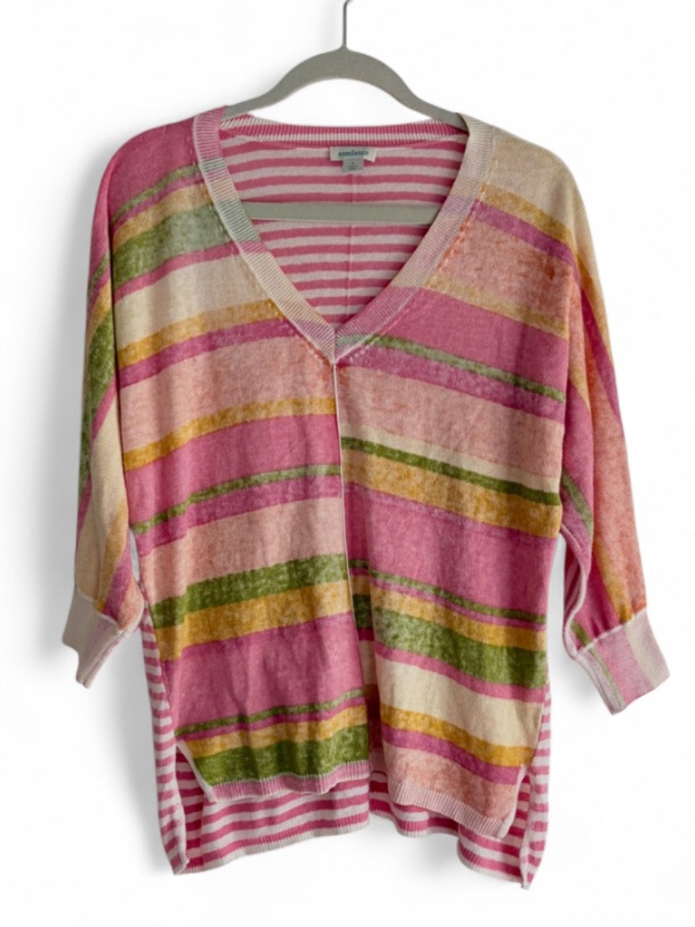 Sundance 100% Cotton Pink Striped V Neck Sweater Size S